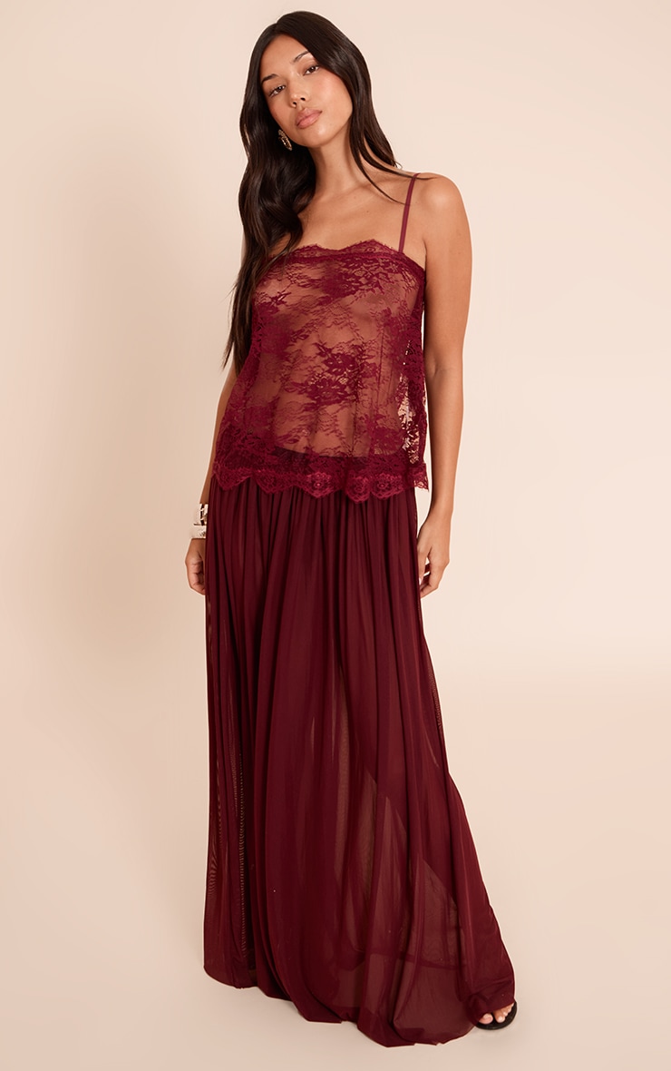 Burgundy Sheer Lace Strappy Cami Top image 3