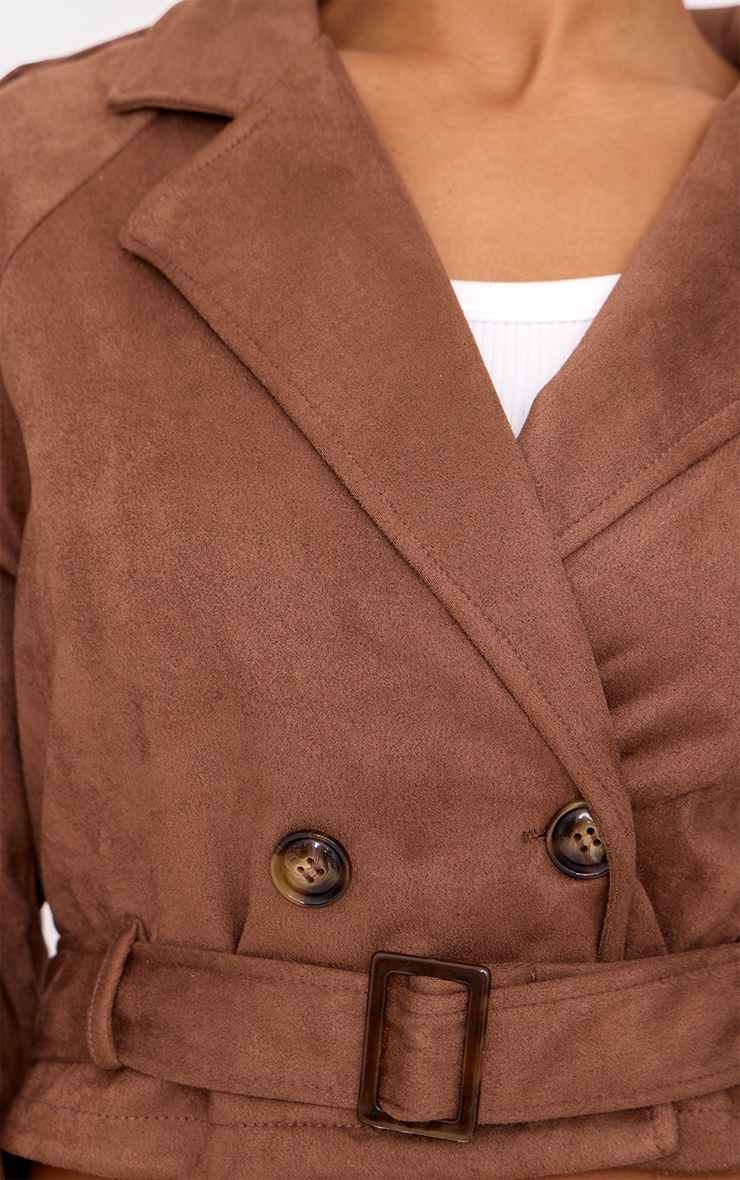 Brown Cropped Faux Suede Belted Trench Coat image 4