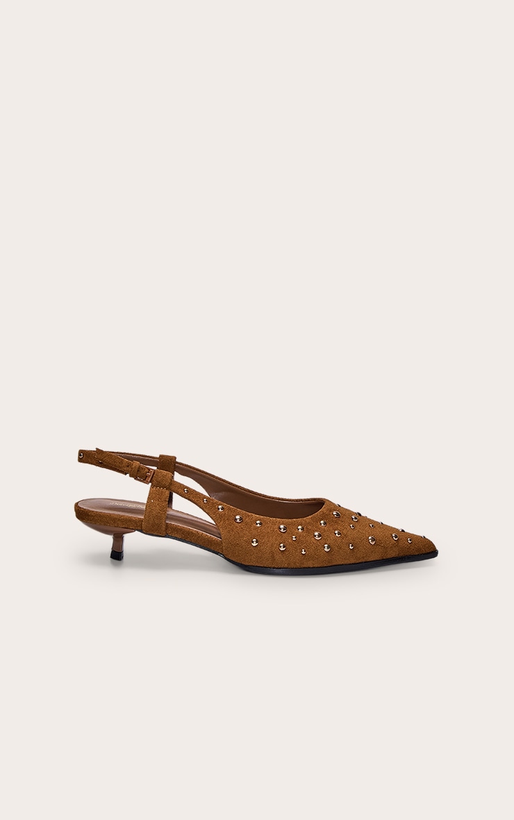 Escarpins en suédine marron clair à talon kitten et clous image 2