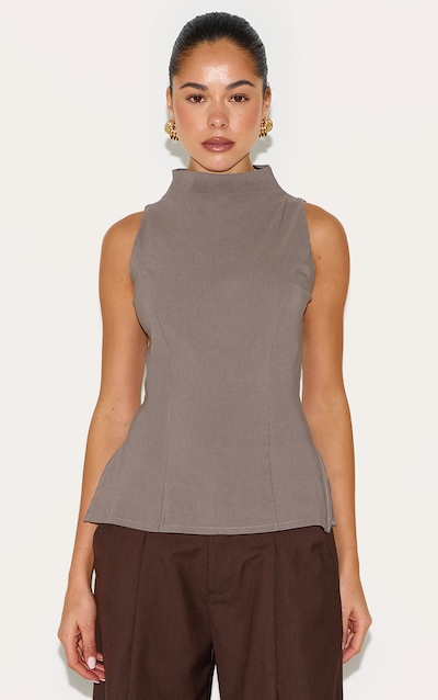 Mushroom Bengaline High Neck Waist Detail Long Top