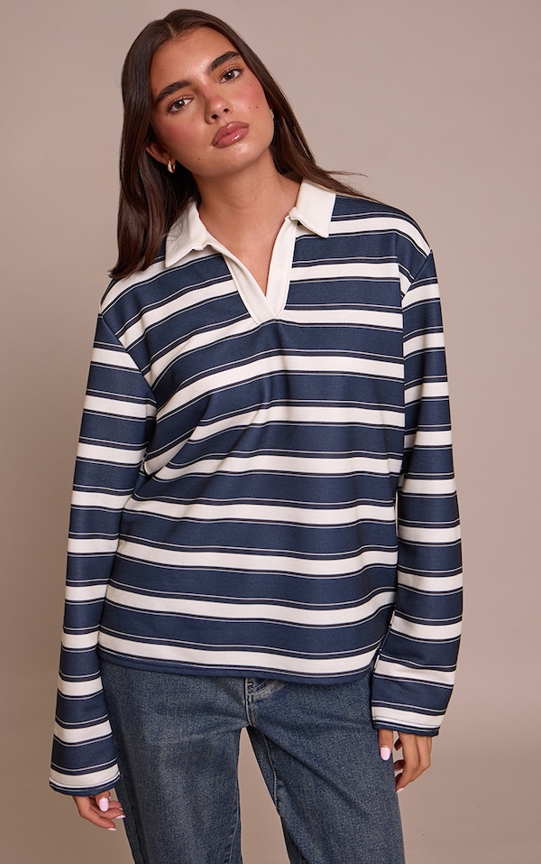 Navy Stripe Cotton Polo Rugby Top 