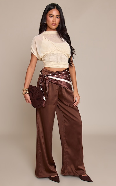 Chocolate Satin Low Rise Wide Leg Drawstring Pants