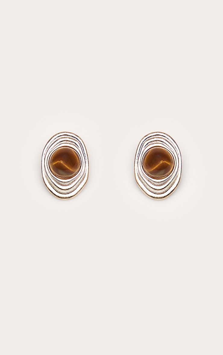 Gold Brushed Tiger Eye Oval Stud Earrings image 2