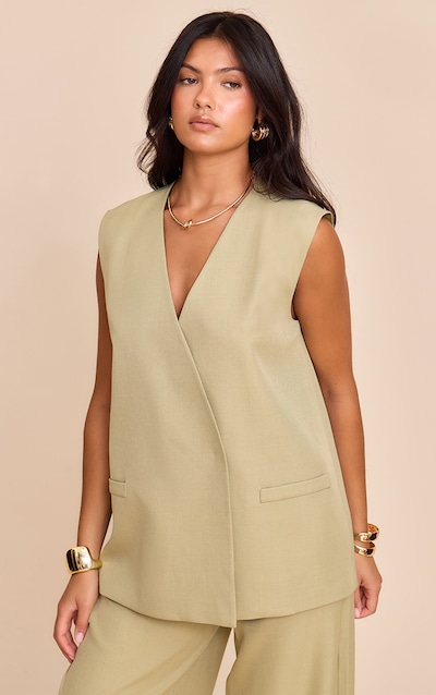 Sage Khaki Woven Collarless Oversized Shoulder Pad Vest