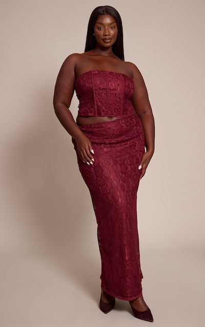 Plus Jupe longue en dentelle rouge vin