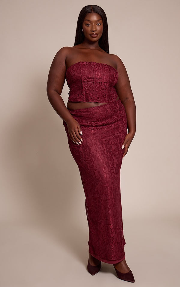 Plus Jupe longue en dentelle rouge vin