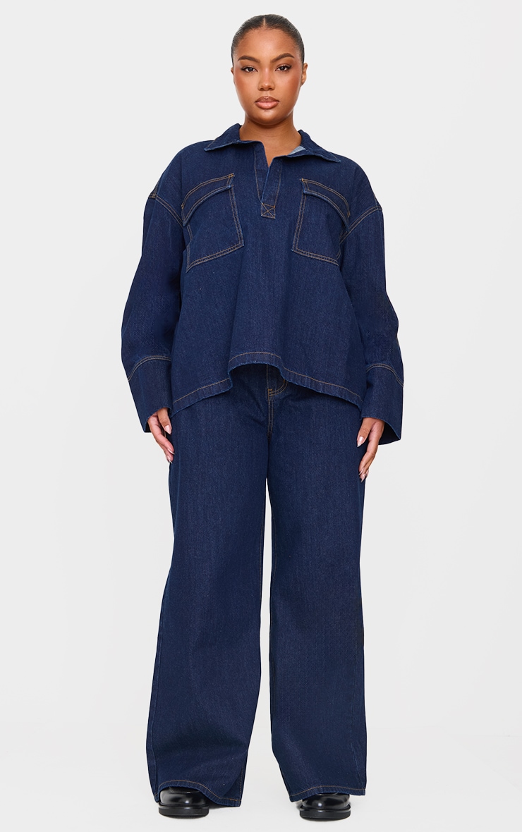 Plus Indigo Pocket Detail Open Long Sleeve Shirt image 3