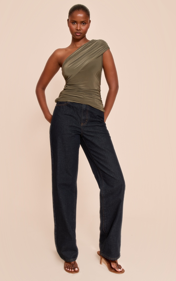  Olive Double Layer Slinky Overlay One Shoulder Top image 3