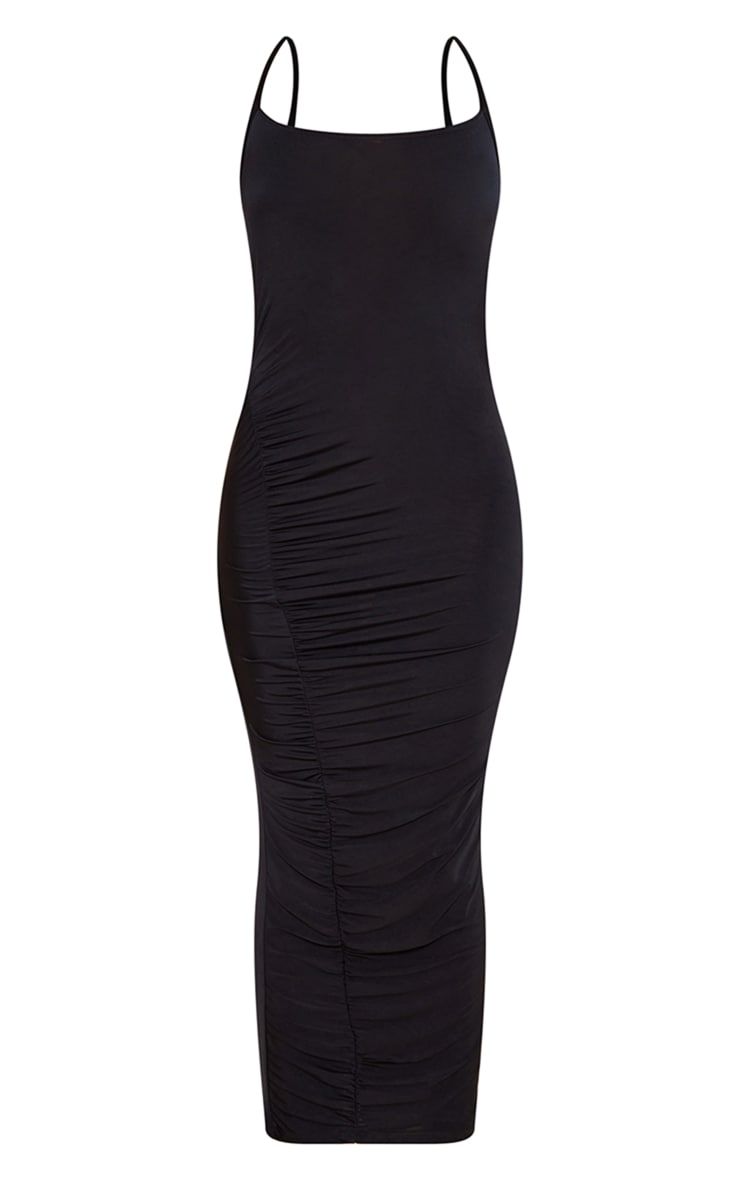 Black Slinky Ruched Side Halter Strap Midi Dress image 5