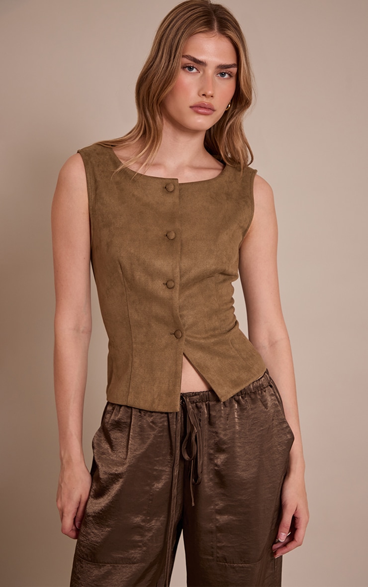 Khaki Faux Suede Popper Detail Vest