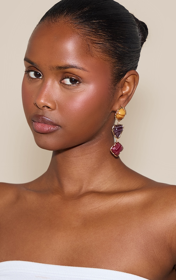 Gold Textured Tri Coloured Stone Draped Earrings