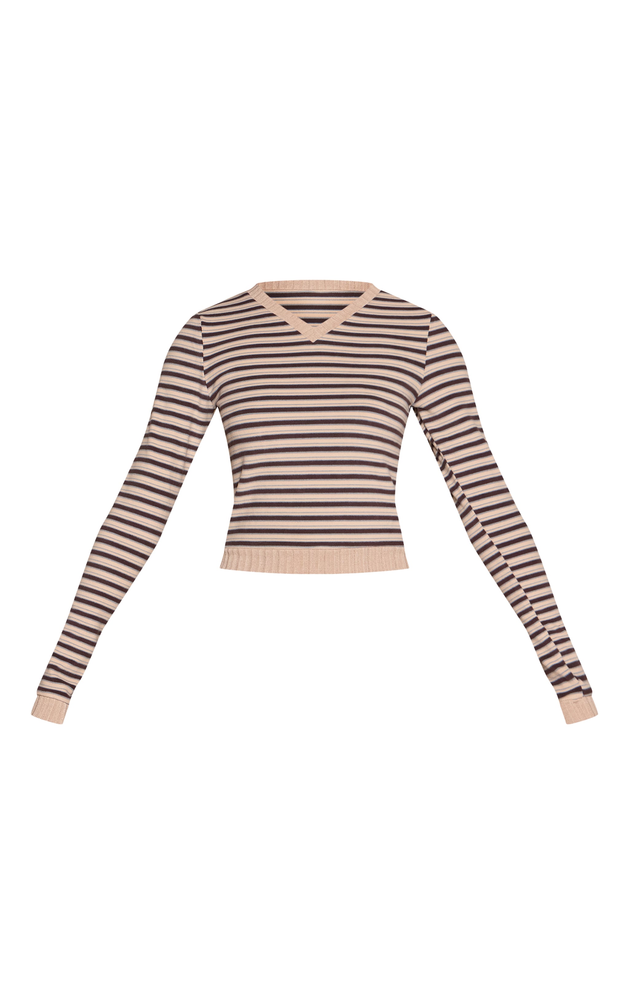 Light Brown Striped Soft Fleece V Neck Long Sleeve Top image 5