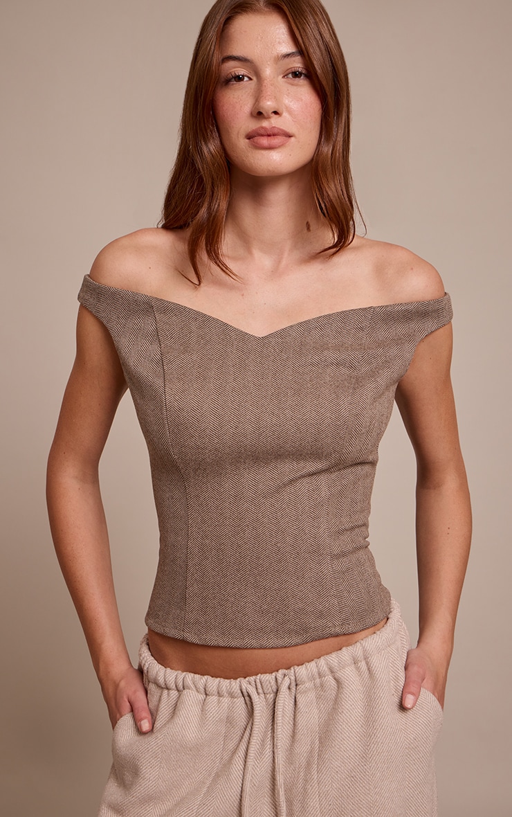 Brown Herringbone Fitted Long Top image 1