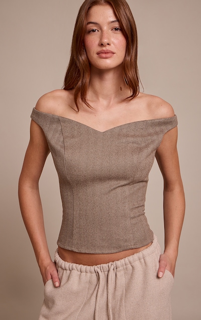 Brown Herringbone Fitted Long Top