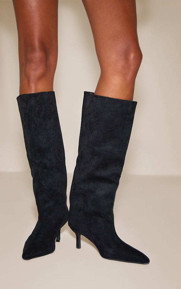 Black Faux Suede Snipped Toe Low Heel Knee Boots