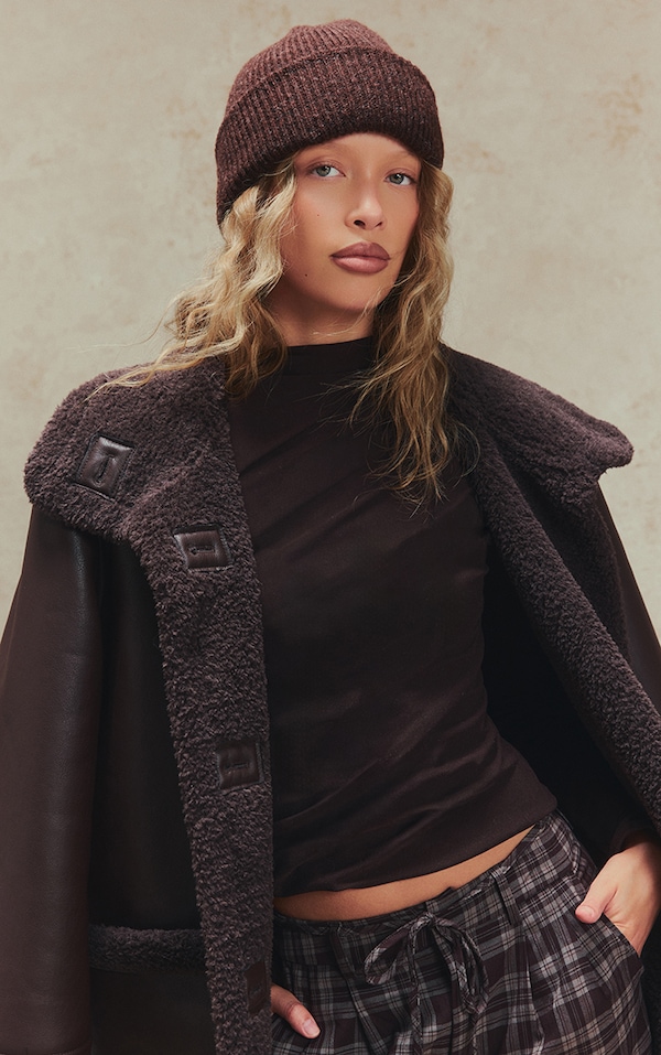 Chocolate Brushed Knit Fold Over Beanie