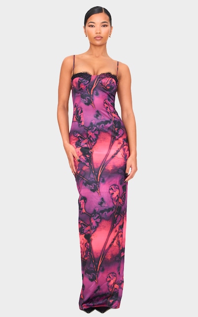 Purple Abstract Satin Print Lace Trim Maxi Dress
