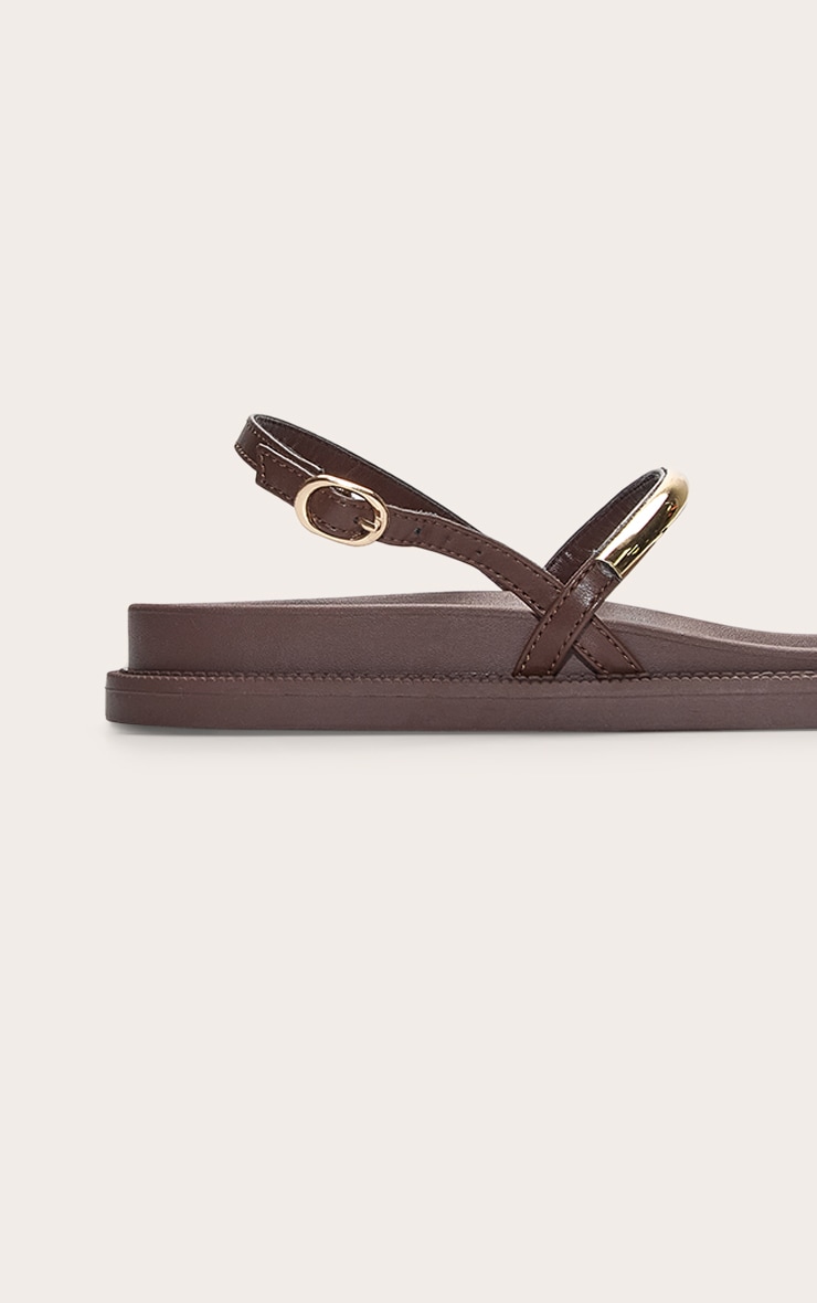 Chocolate Pu Round Toe Gold Strap Footbed Sandals image 4