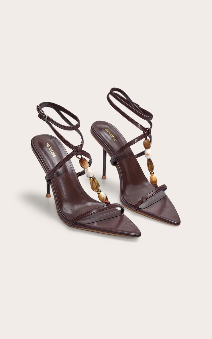 Sandales à Talons Aiguilles Hauts en Chocolat avec Bout Carré, Dentelle à Perles et Lacets image 2