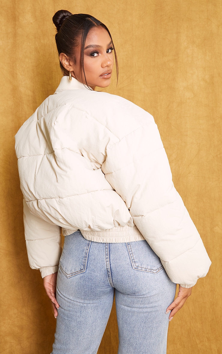 Cream Nylon Pocket Front Panel Sleeve Oversized Bomber Jacket image 2