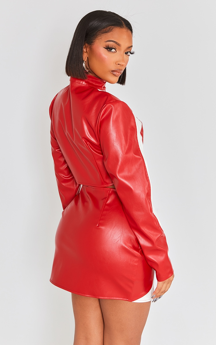 Shape Red Faux Leather Panel Cropped Biker Jacket image 2