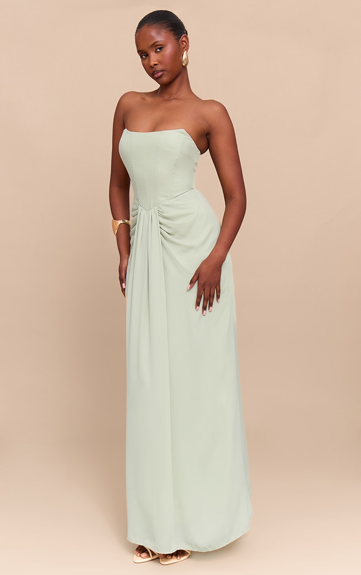 Sage Green Bandeau Corset Drape Detail Maxi Dress image 3