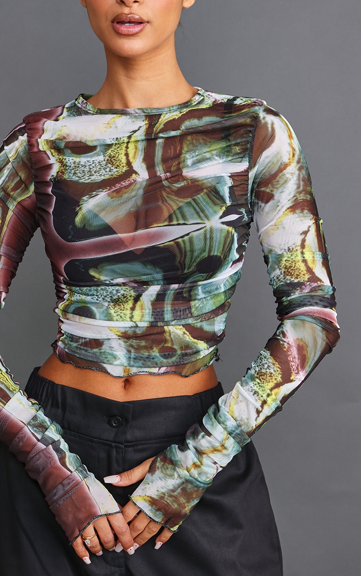 Petite Green Celluar Print Ruched Mesh Crop Top image 4