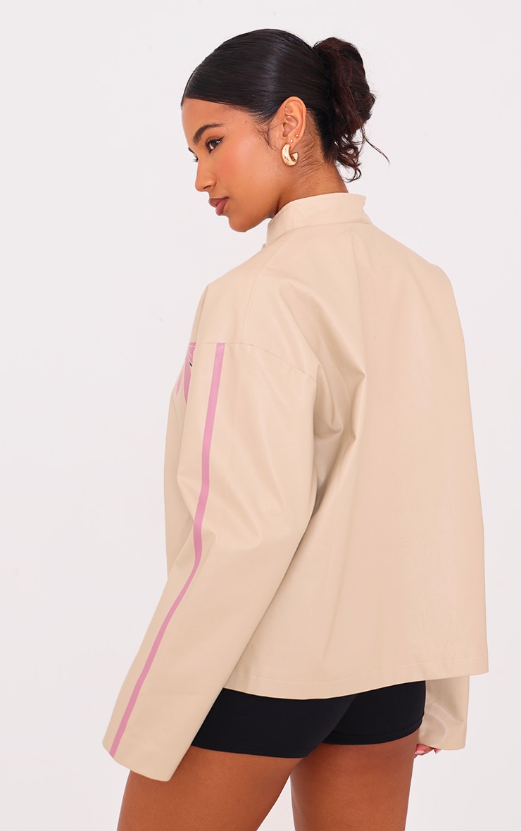 Cream Faux Leather Bow Print Detail Jacket image 2