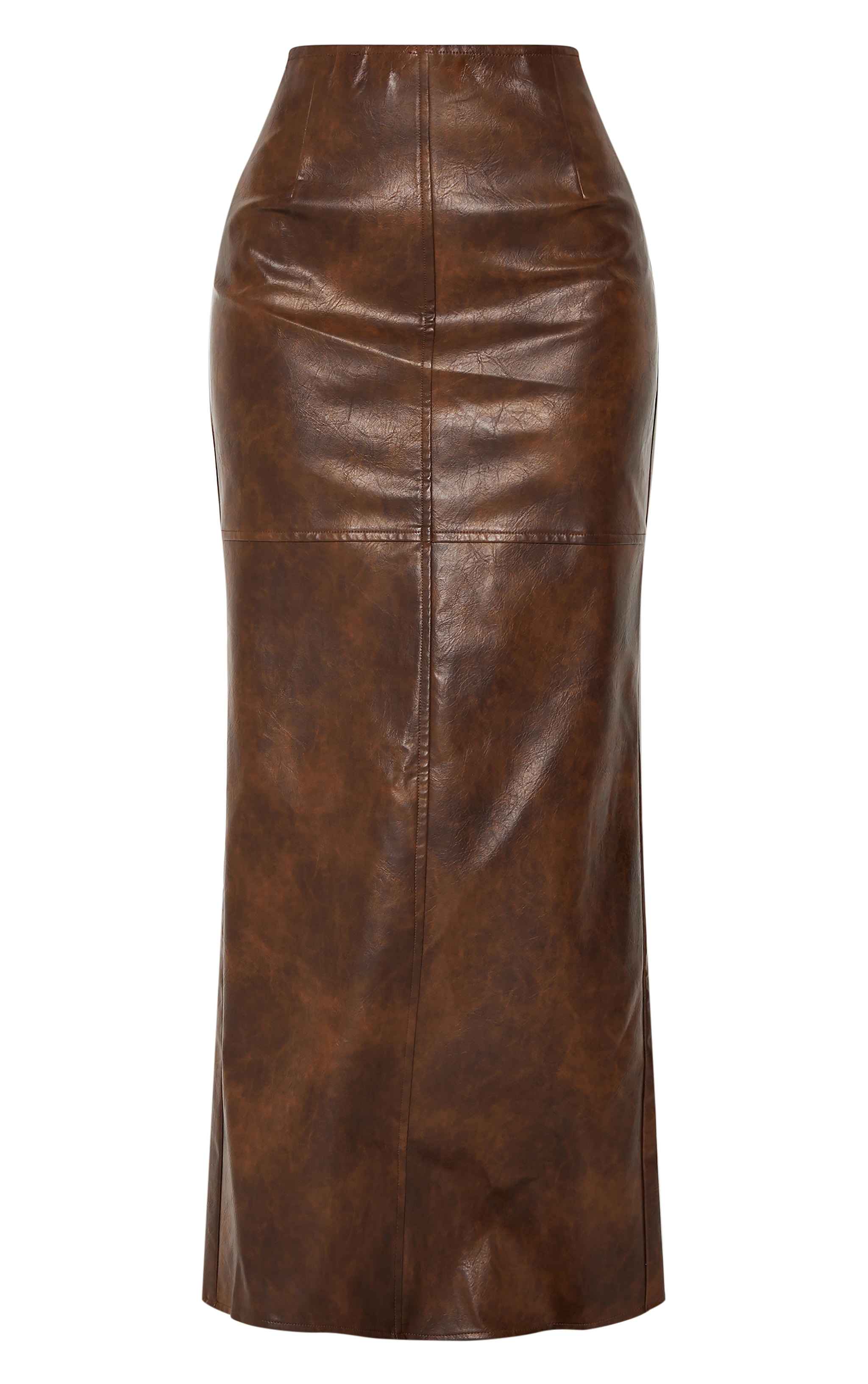 Petite Washed Brown Faux Leather Seam Detail Maxi Skirt image 5