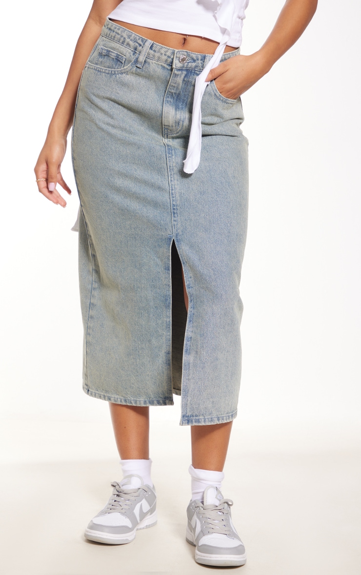 Vintage Mid Wash Split Front Mid Rise Denim Midi Skirt image 2