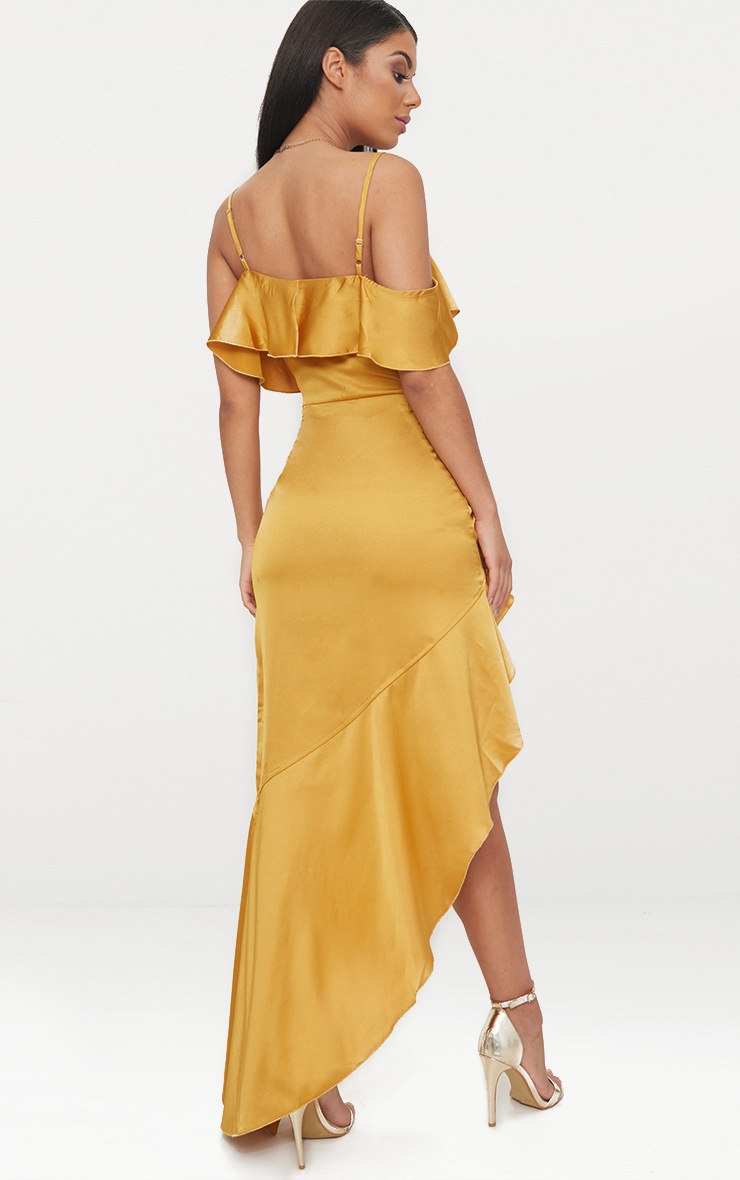 Mustard Satin Asymmetric Hem Maxi Dress PrettyLittleThing