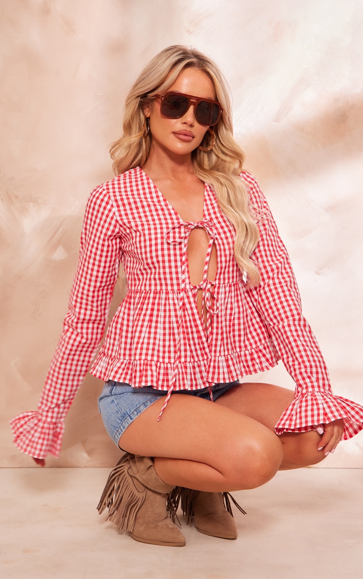 Red Checked Tie Front Flare Sleeve Shirt image 1