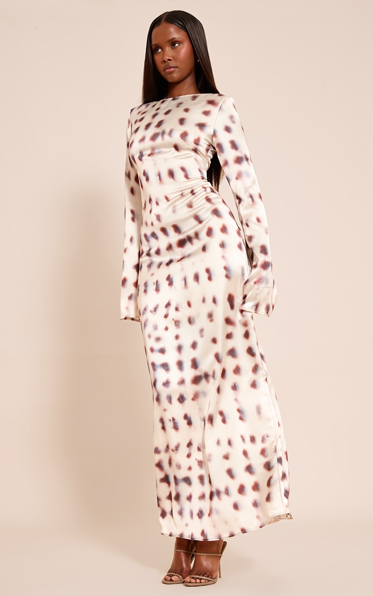 Stone Blurred Printed Satin Flute Sleeve Maxi Dress image 3