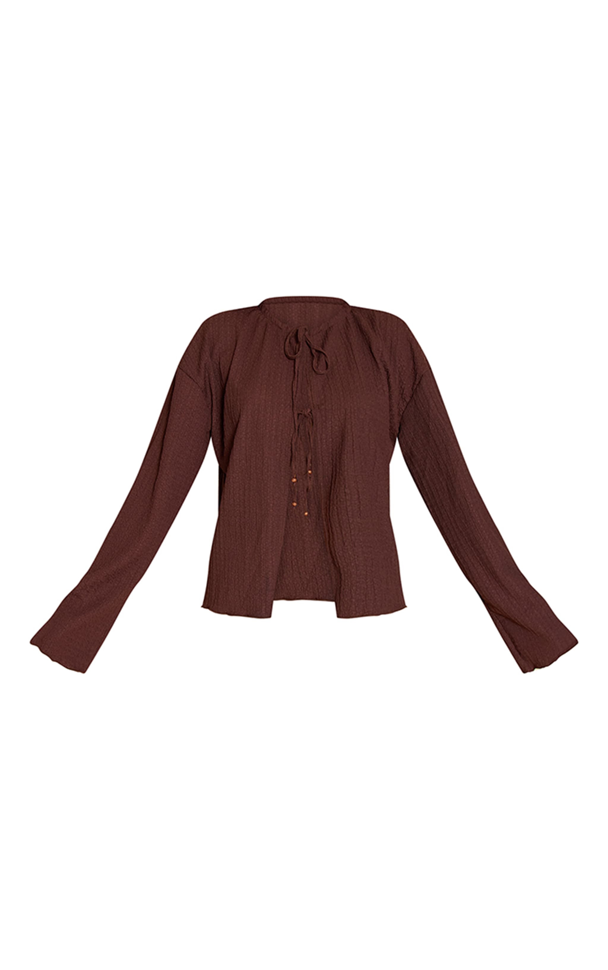 Chocolate Textured Tie Front Bead Detail Long Sleeve Top image 5