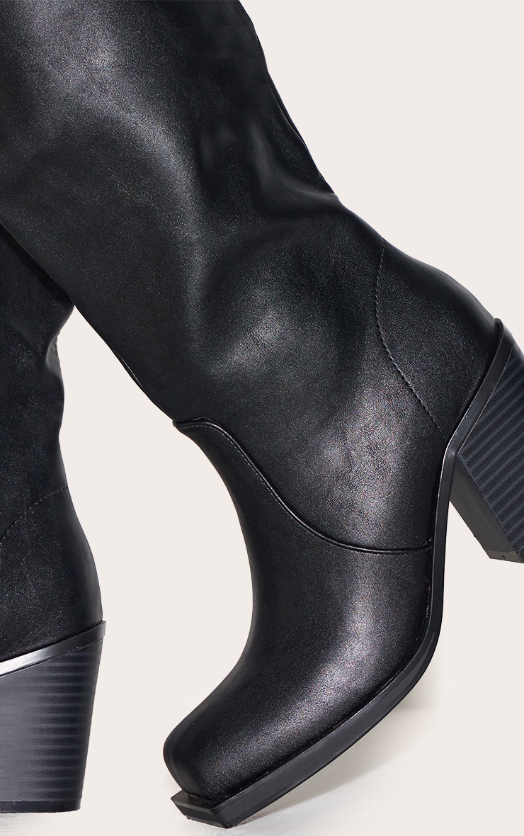 Bottes hautes carrées en PU noir à talon carré haut image 4