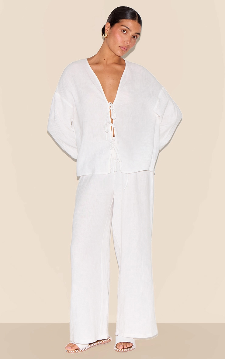 Petite White Cheesecloth Textured Wide Leg Pant image 1