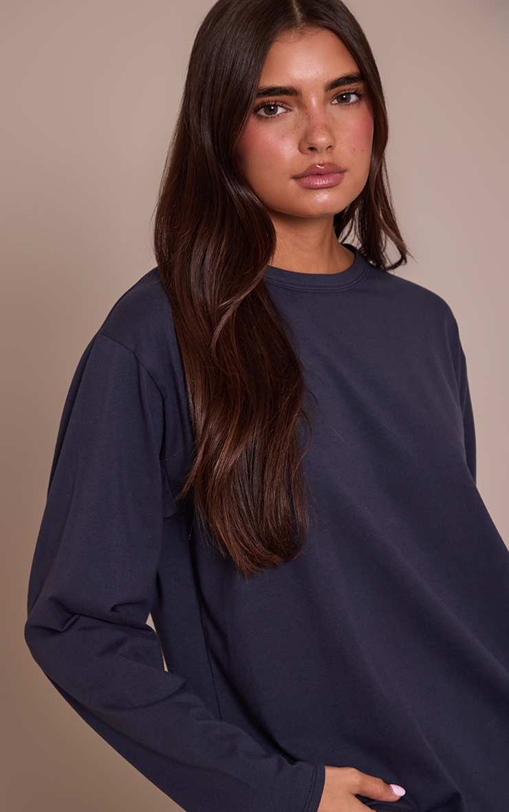 Navy Cotton Basic Oversized Long Sleeve T-shirt image 4