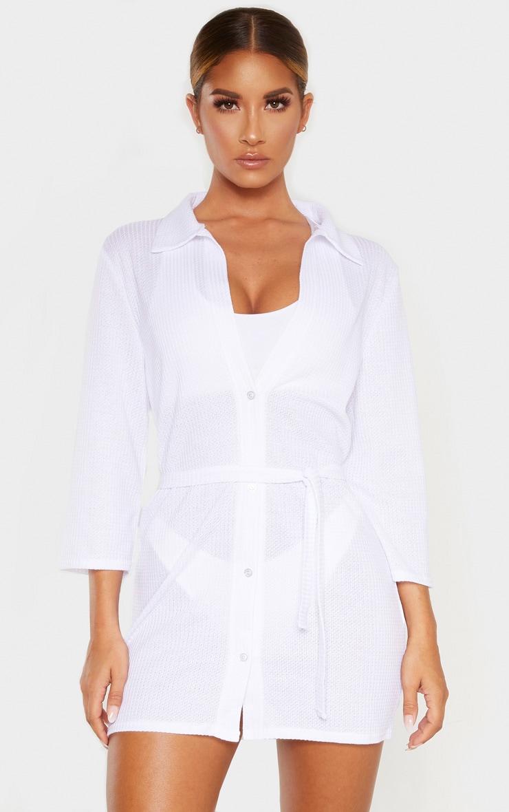 White Tie Waist Waffle Textured Beach Dress