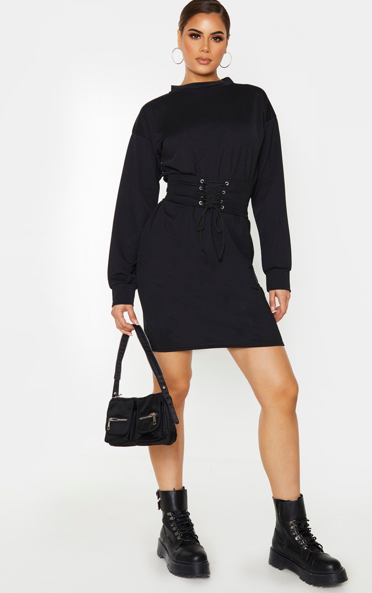 Tall Black Corset Detail Oversized Jumper Dress PrettyLittleThing