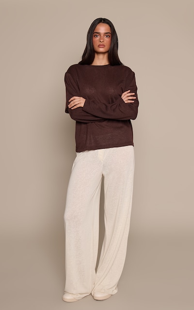 Butter Cream Marl Slub Jersey Button Detail Wide Leg Trouser