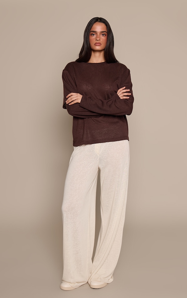 Butter Cream Marl Slub Jersey Button Detail Wide Leg Trouser