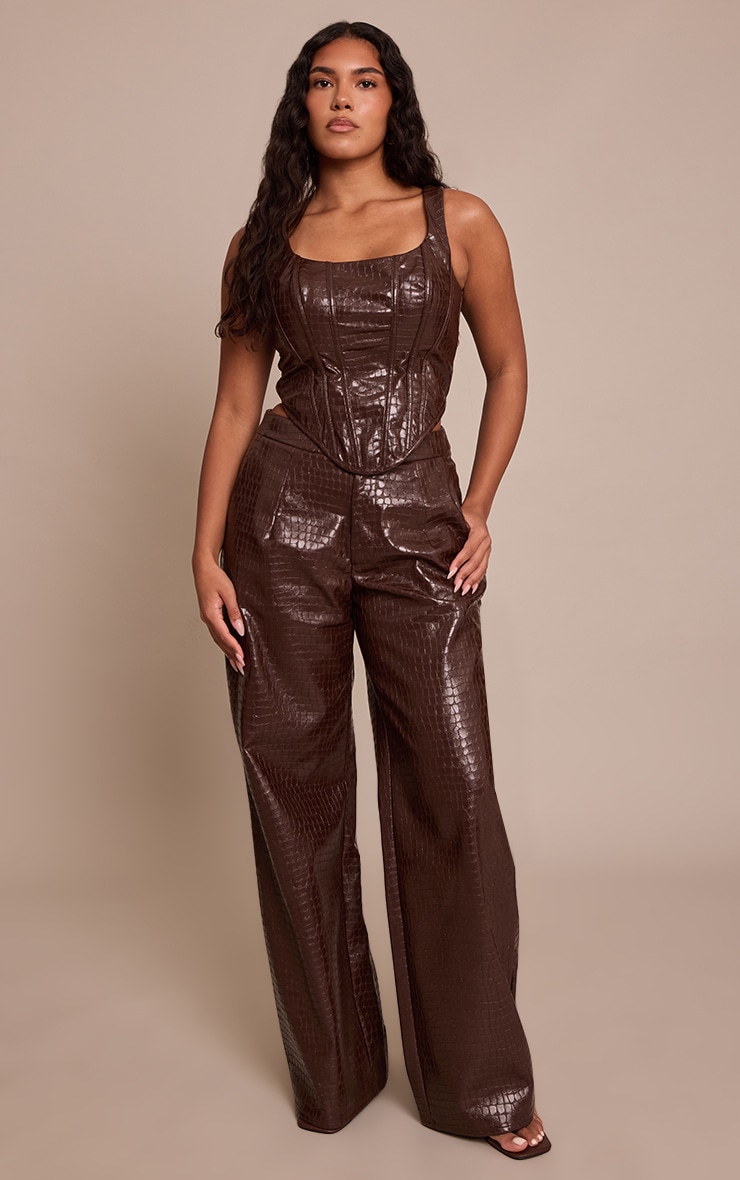 Shape Brown Faux Leather Croc Straight Leg Pants image 1