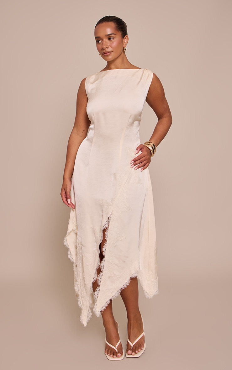 Shape Cream Satin Lace Mix Slash Neck Midi Dress image 3