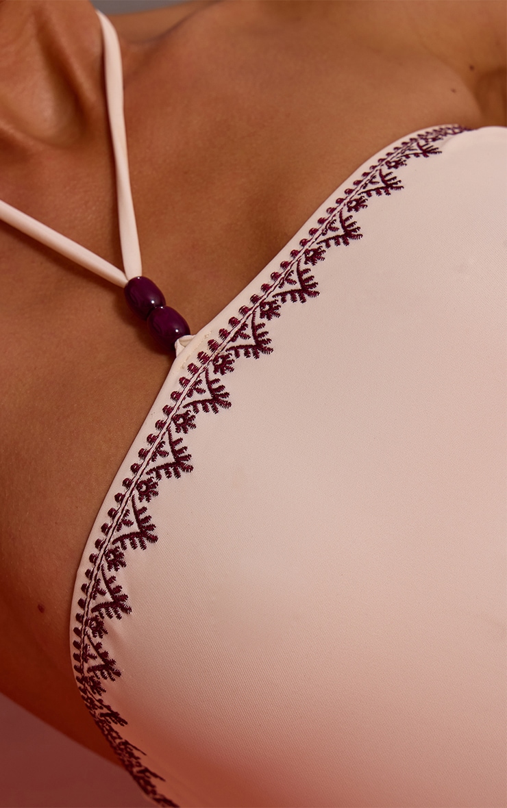 Cream Embroidered Bead Detail Halter Swimsuit image 4