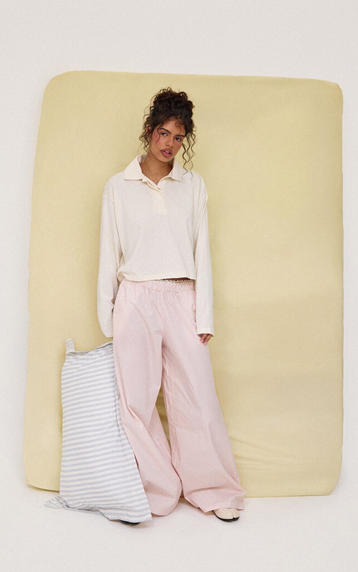 Pink Stripe Cotton Broderie Trim Wide Leg Trousers