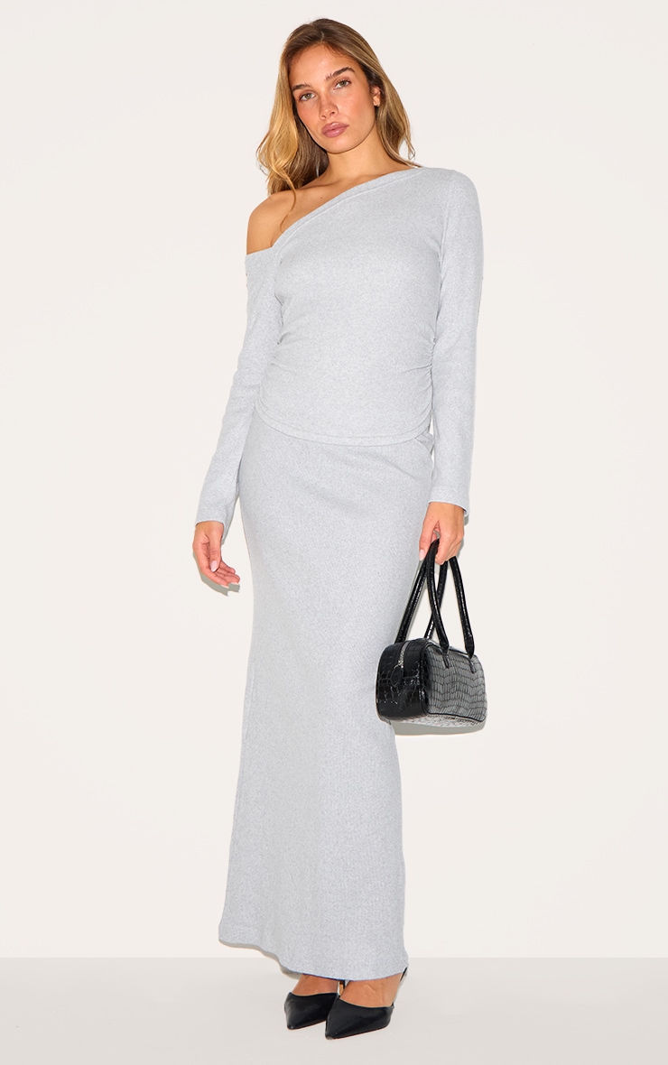 Grey Marl Rib Slouchy Asymmetric Ruched Long Sleeve Top image 3