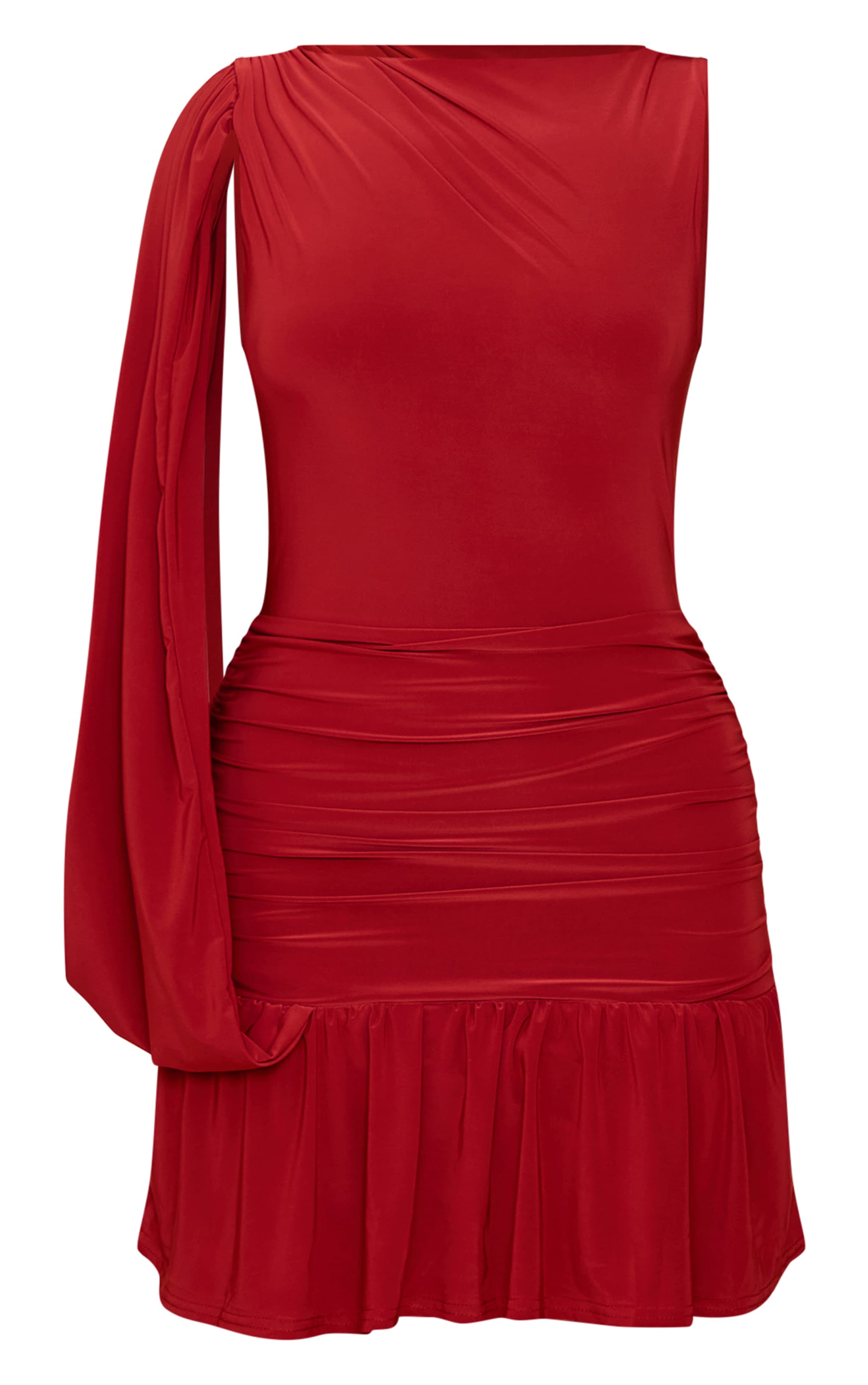 Burnt Orange Double Layer Slinky Ruched One Shoulder Mini Dress image 5