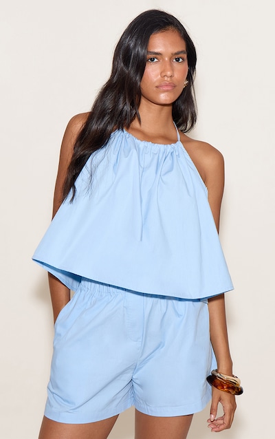 Sky Blue Poplin Low Back Halterneck Top