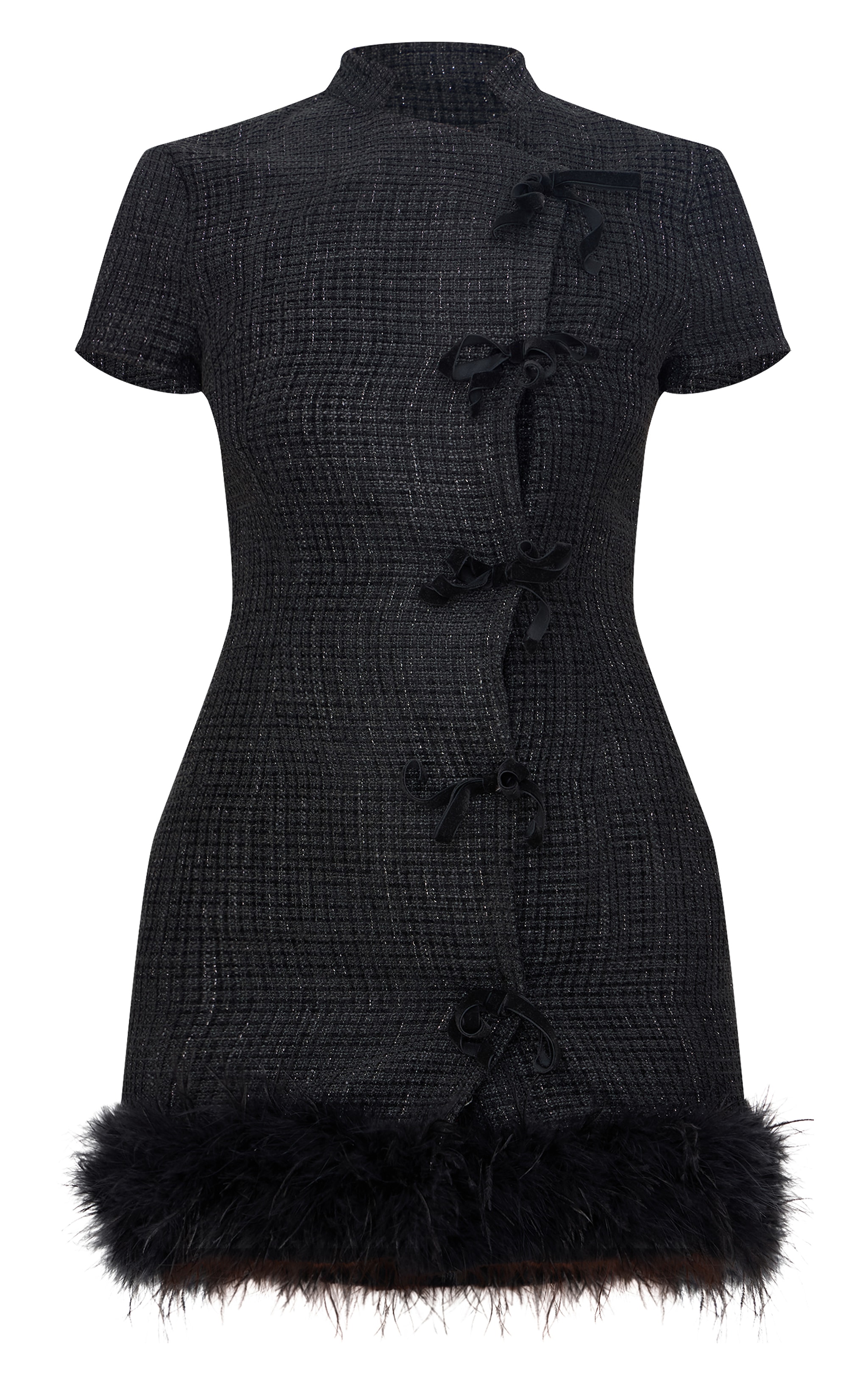 Black Glitter Boucle Feather Trim Mini Dress image 5