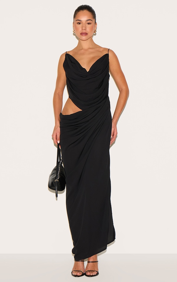Black Chiffon Cowl Neck Cut Out Midaxi Dress